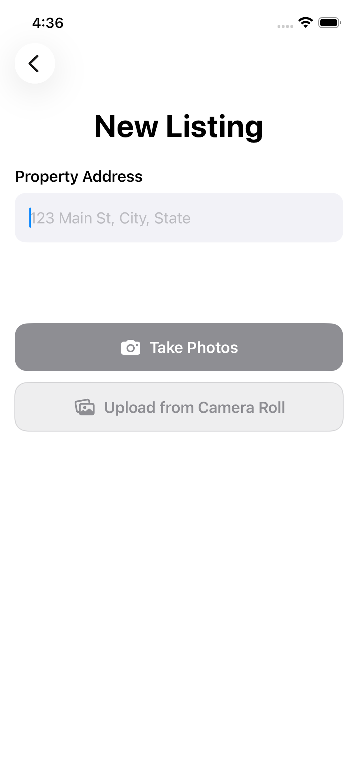 New Listing screen