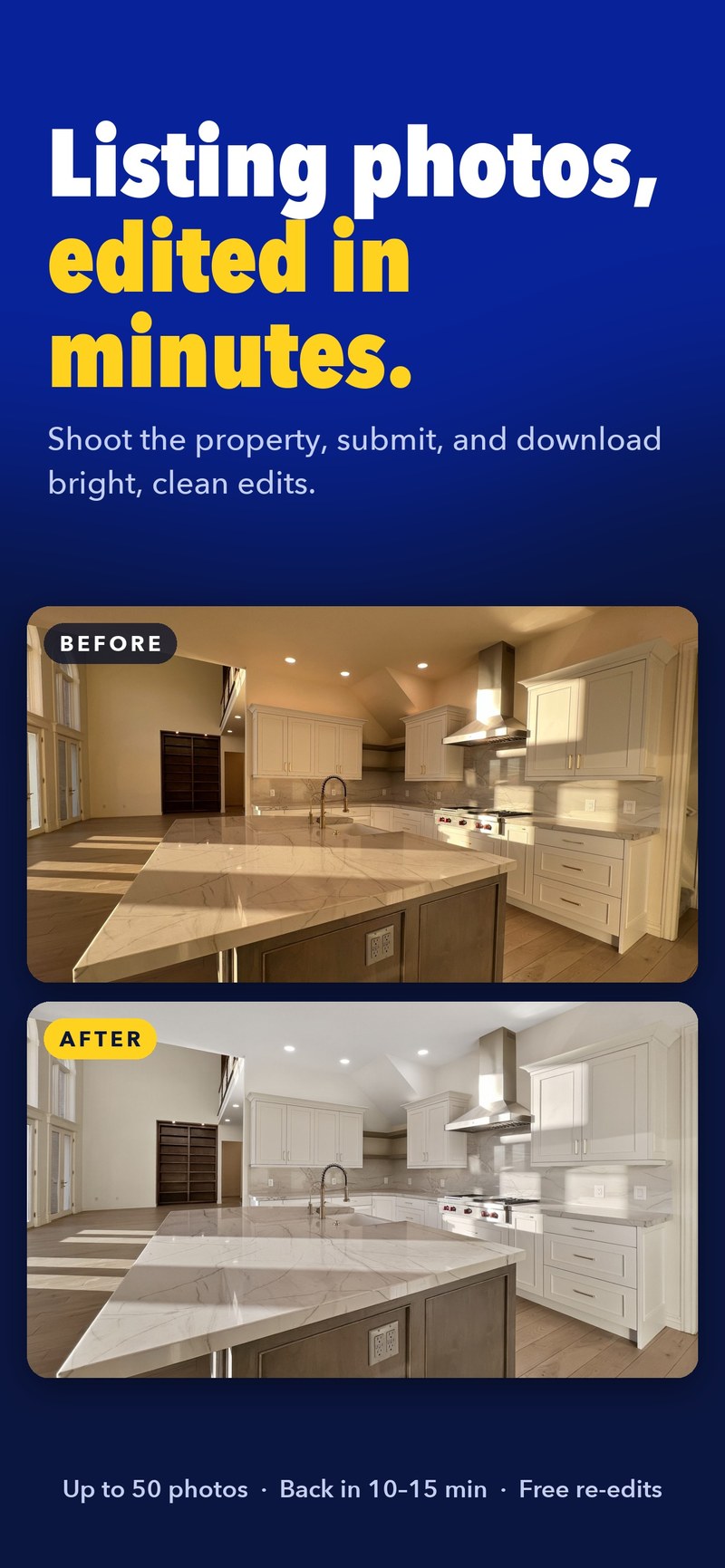 Listing photos edited in minutes — before and after kitchen