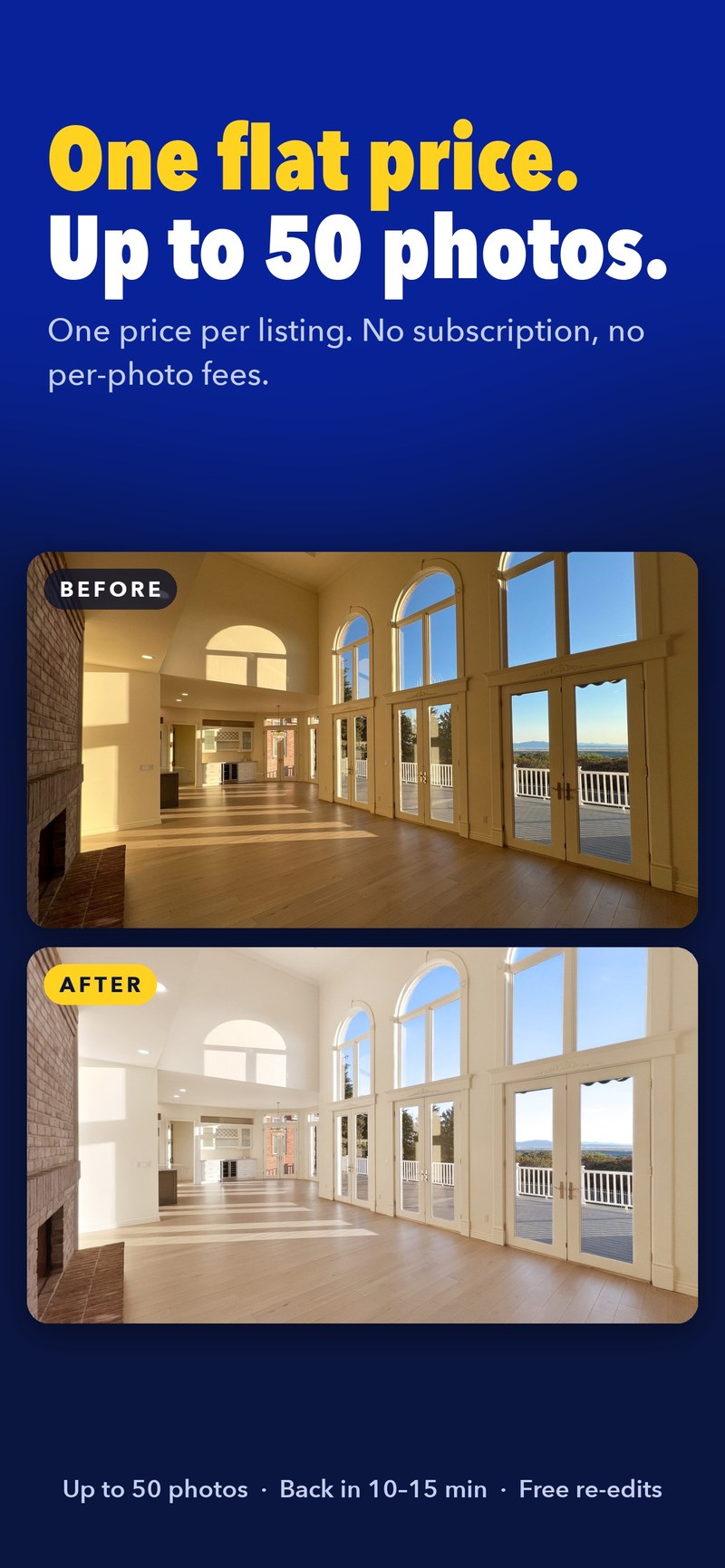 One flat price, up to 50 photos — before and after great room