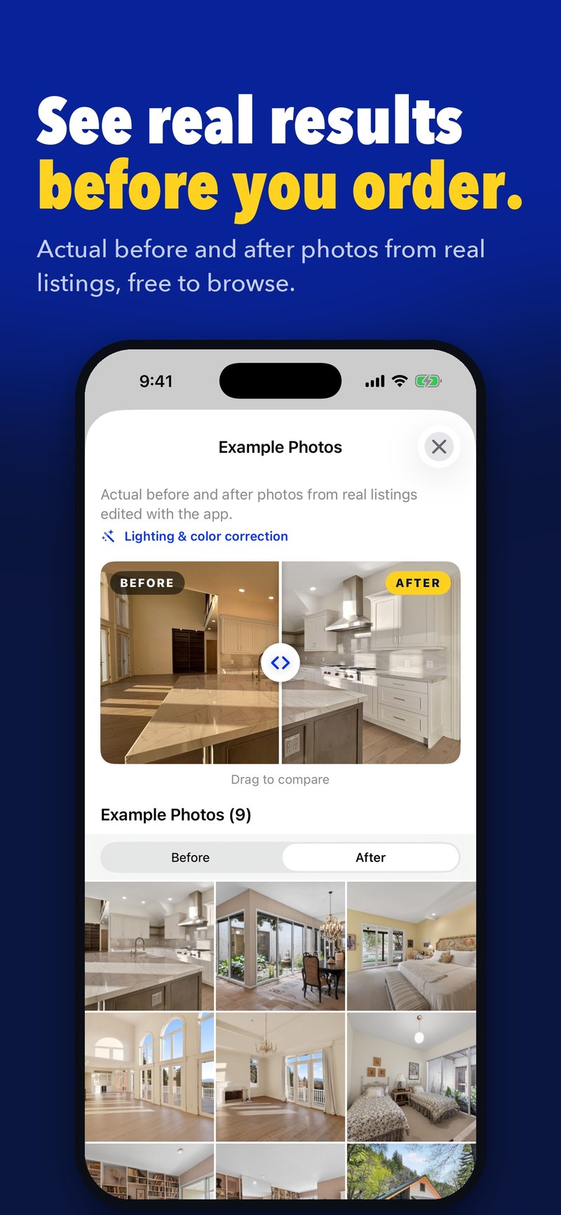 See real results before you order — example photos in the app
